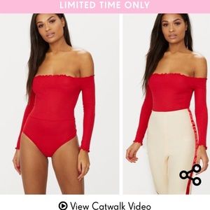Red Frill Edge Long sleeve Thong Bodysuit